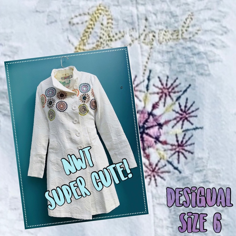 SOLD Disigual Embroidered White Coat Jacket Size 6